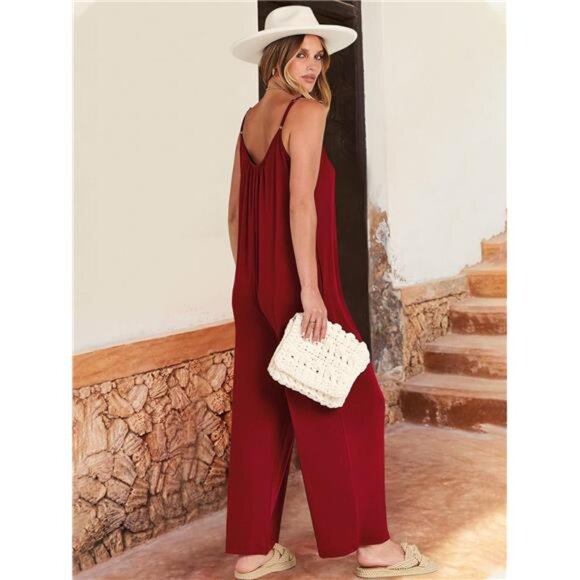 Women Summer Casual Boho Wide Leg Jumpsuits Burgundy - Picture 4 of 6